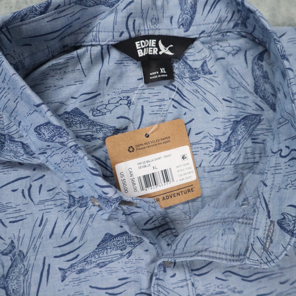 Eddie Bauer Baja Shirt Mens XL Blue Denblue Fish Print Cotton Fishing Gorpcore - Picture 3 of 6